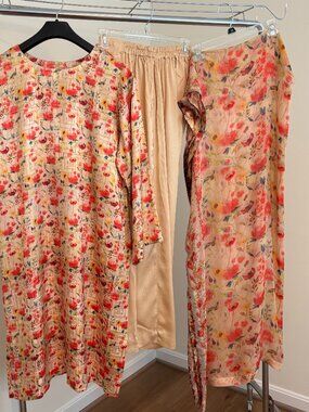 Beige printed shamoz silk kameez/trousers Pakistani outfit with chiffon dupatta